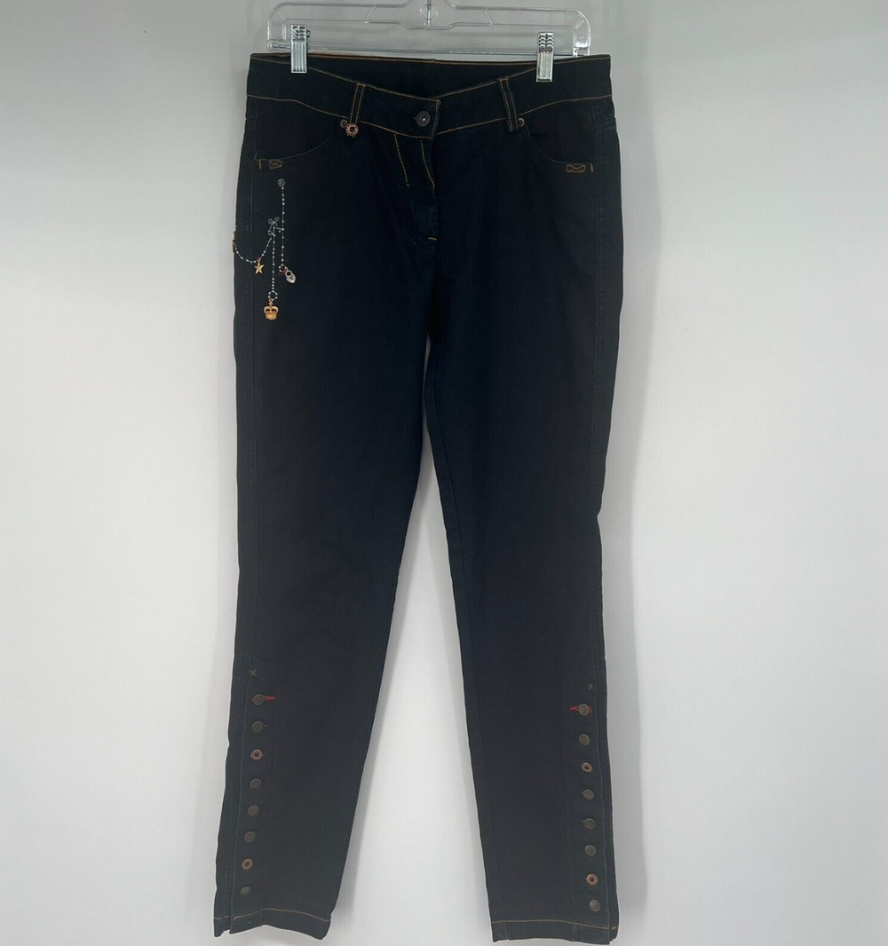 Vinatge 90s Y2K Oilily Jean Womens 40 US 10 Blue Dark Sash Embroidered Charms